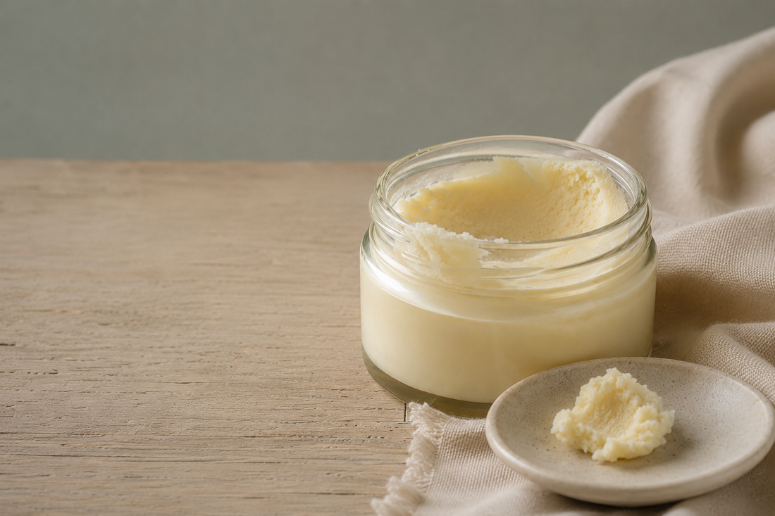 An open jar of ivory beef tallow balm on pale oak with linen, for an honest guide on beef tallow and perioral dermatitis.