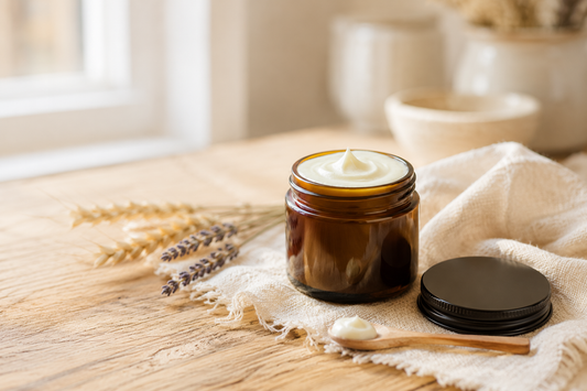 Jar of whipped grass-fed beef tallow balm for skin, handmade in Cambria, NY, with a wooden spoon on linen