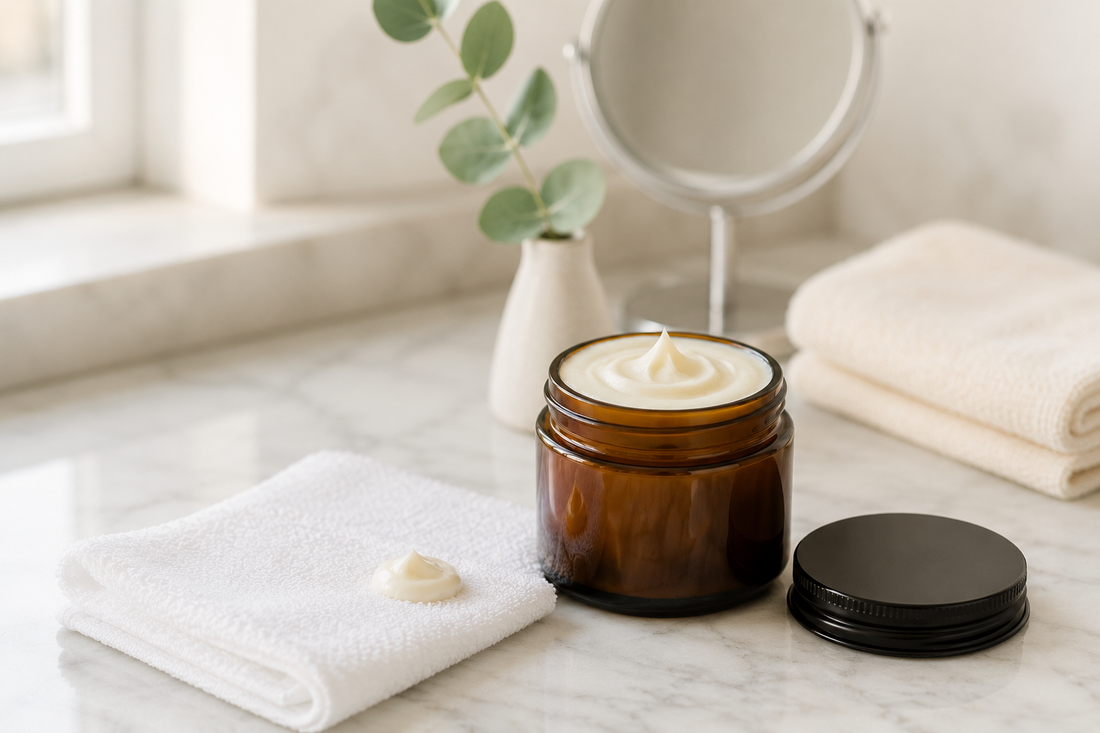 Whipped beef tallow balm for face on a marble vanity with a washcloth and eucalyptus, handmade in Cambria, NY
