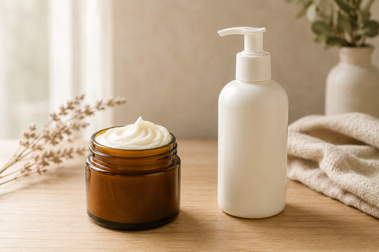 Tallow balm in an amber jar beside a lotion bottle, comparing rich balm and light lotion