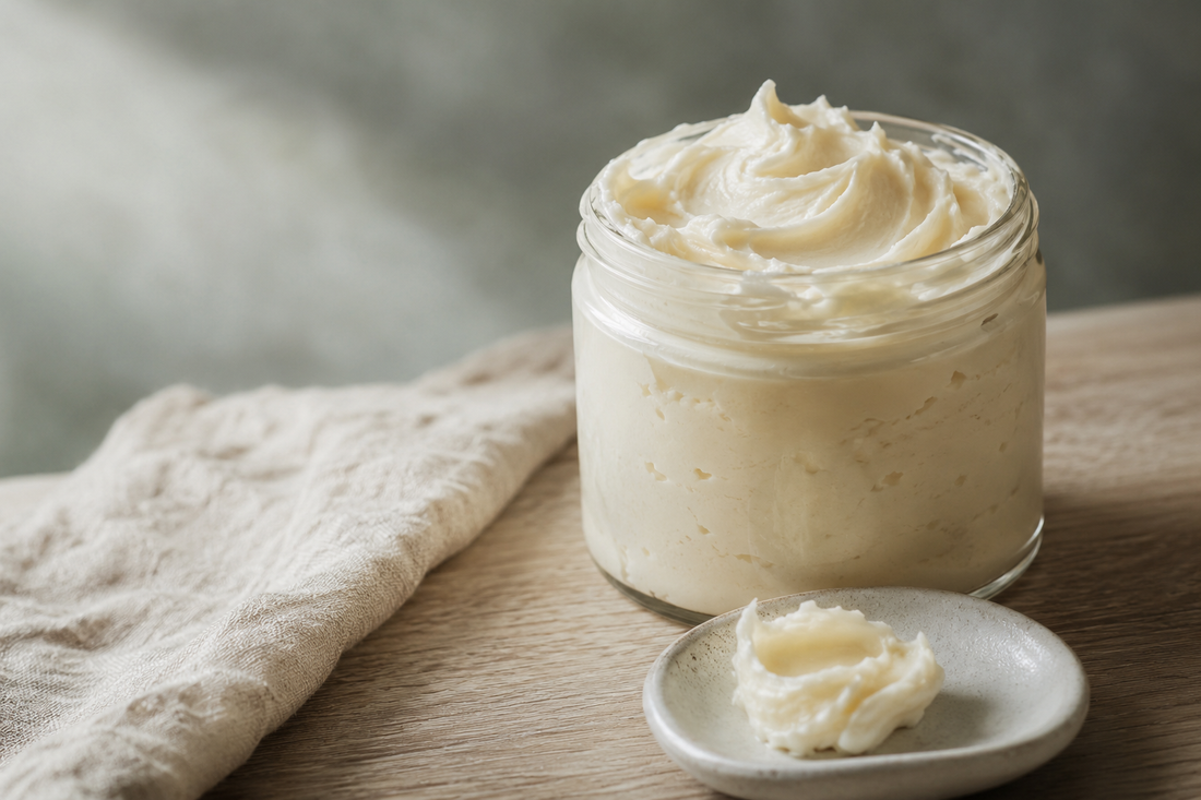 An open jar of whipped tallow balm, a grass-fed moisturizer for skin, handmade in Cambria, NY
