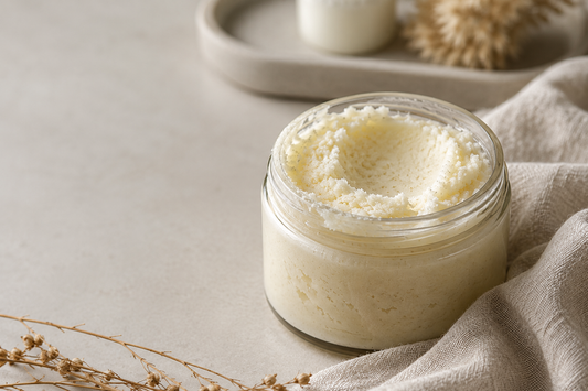 A jar of fragrance-free whipped tallow balm for rosacea-prone skin, handmade in Cambria, NY