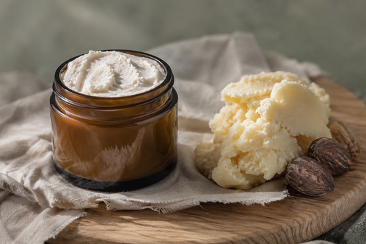 Whipped beef tallow balm beside shea butter and shea nuts, comparing two natural skin fats