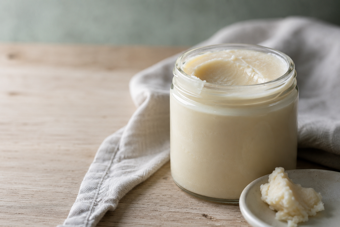 An open glass jar of ivory beef tallow balm on pale oak with linen, a simple moisturizer that is not suited to fungal-acne-prone skin.
