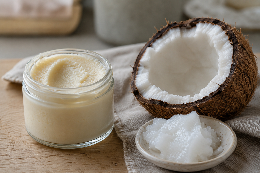 A glass jar of ivory beef tallow balm beside a halved coconut and a small dish of white coconut oil on pale oak, comparing tallow and coconut oil for skin.